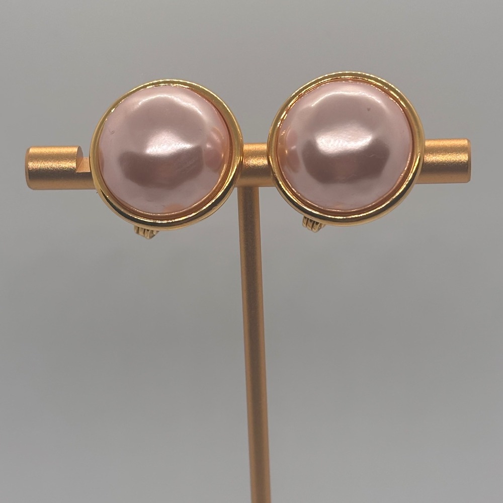 Monet Gold Tone Round Pink Faux Pearl Clip On Earrings